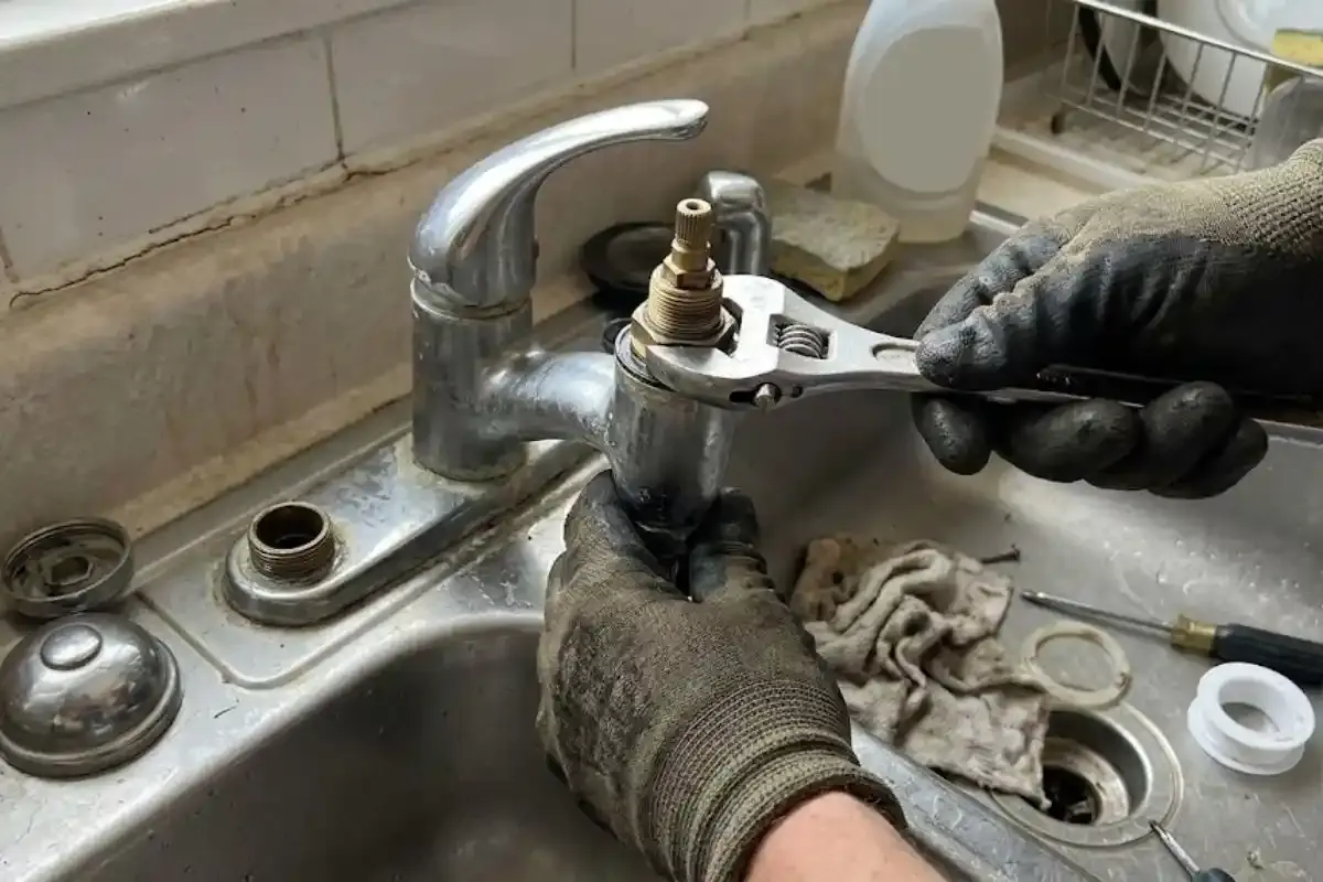 Gloved hands using an adjustable wrench on a kitchen faucet at the sink