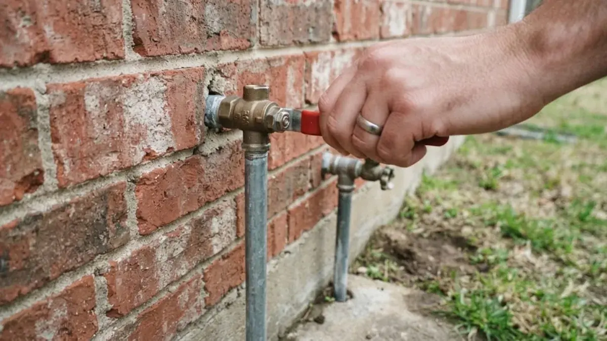 Hand turning the shutoff valve on an outdoor faucet supply line beside a brick wall