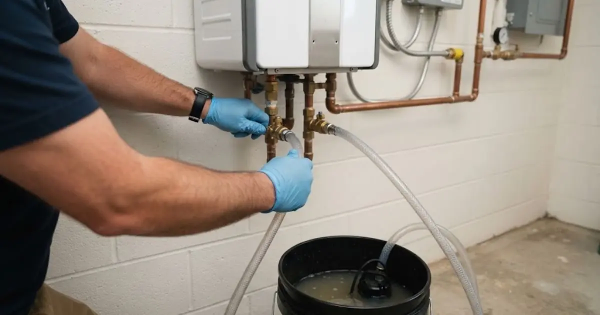 Gloved hands connecting hoses to the service valves of a tankless water heater to flush it into a bucket