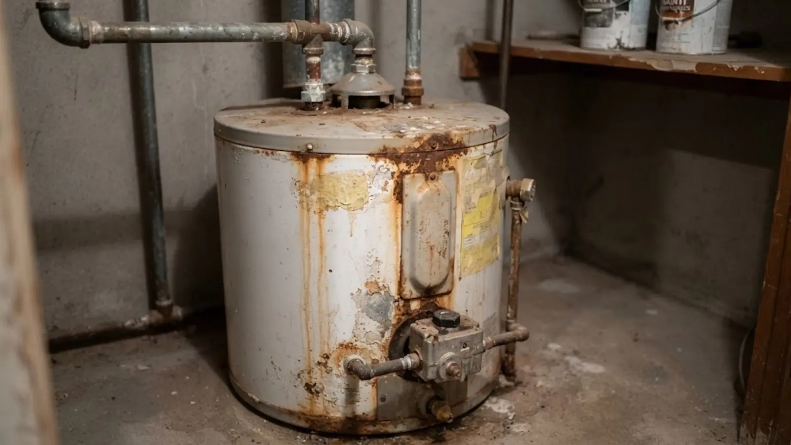 Old tank water heater with rust streaks and corroded fittings in a utility closet
